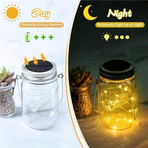 Mason Jar Solar Lights Lids,6 Pack 20 LED Bulbs Solar String Lights Garden Shed - Picture 2 of 7